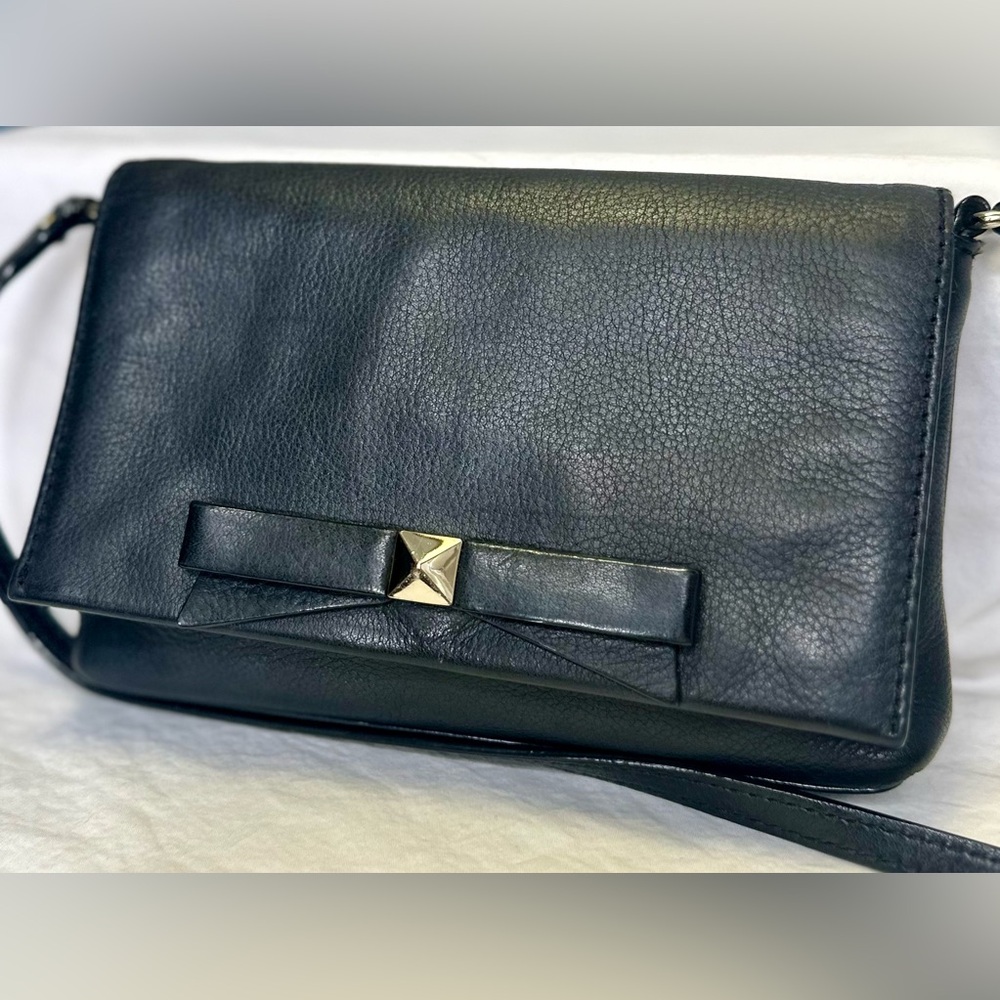 KATE SPADE Black Leather Small Crossbody Formal Dressy Bag Purse; Bow Detail
